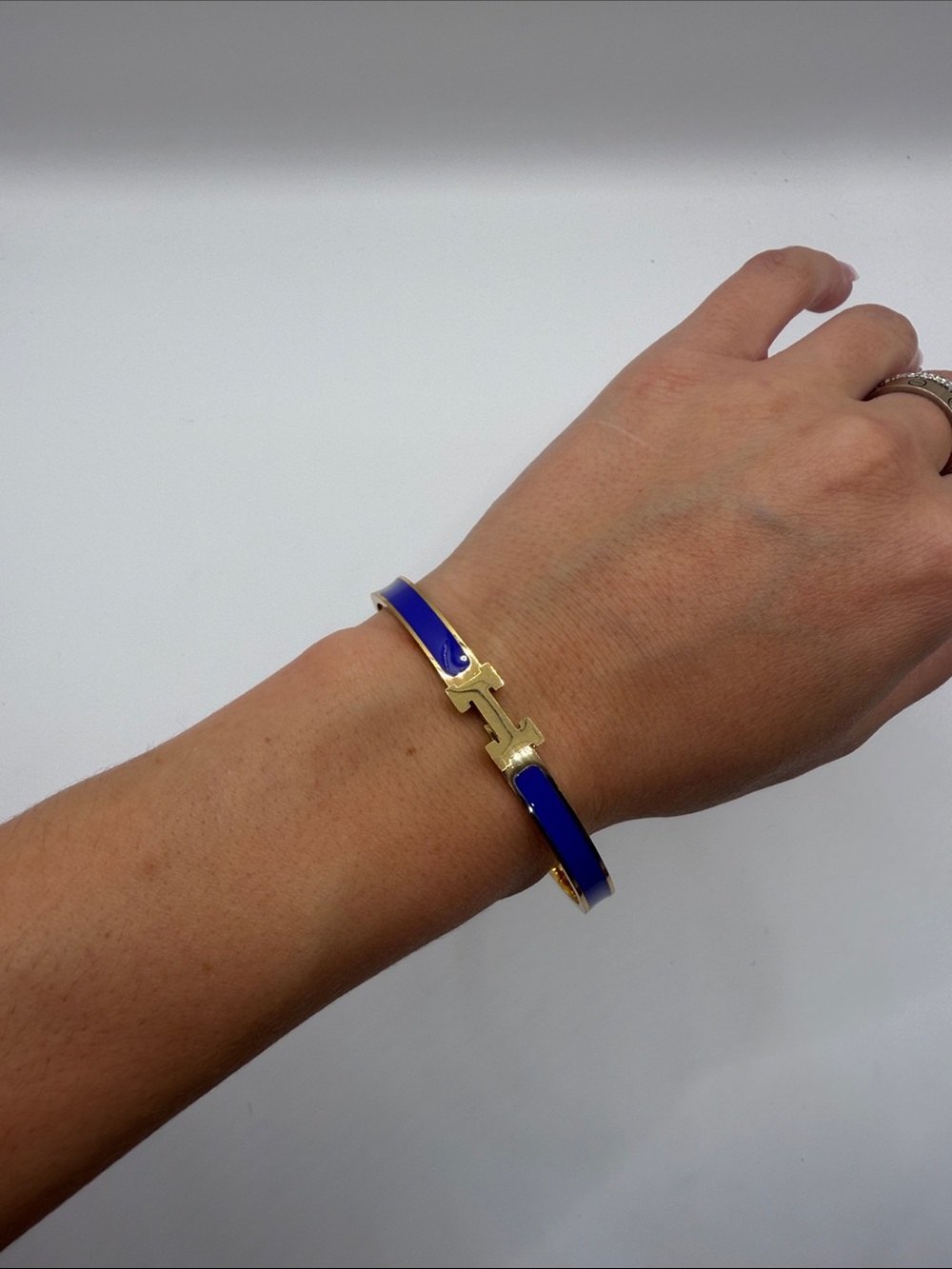 206. Gold and Blue Enamel Hinge Bracelet 7” - Picture 3 of 4